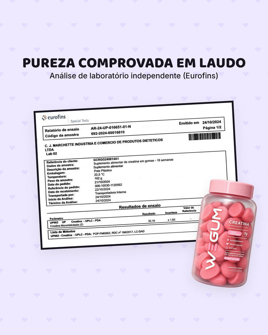 Laudo de pureza da Creatina Wegum, análise independente Eurofins